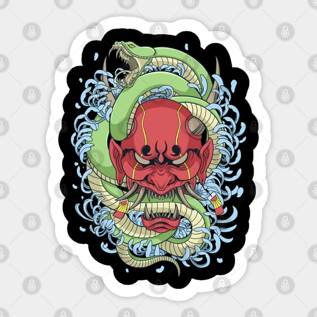 Oni mask with green snake Sticker by Ardiyan nugrahanta